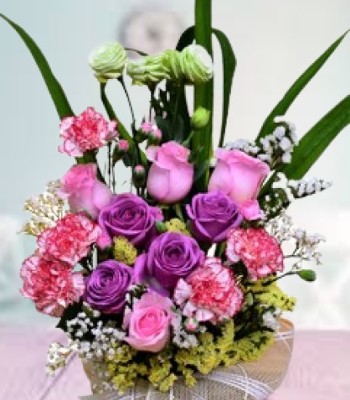 Mix color Rose Bouquet with Pink Carnation - Assorted Roses